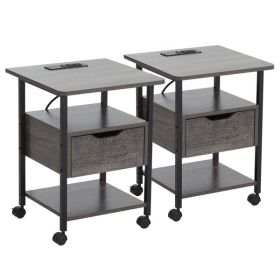 Set of 2 Side Table with Charging Station and Wheels, Rolling End Table with 2 USB Ports and 2 Outlets and Power Switch