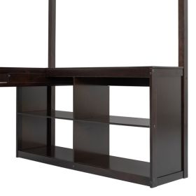 Full Wooden Loft Bed with U-shaped Desk,Storage Compartments and Tri-fold Mirror, Espresso