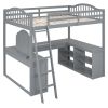Full Wooden Loft Bed with U-shaped Desk,Storage Compartments and Tri-fold Mirror, Gray