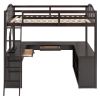 Full Wooden Loft Bed with U-shaped Desk,Storage Compartments and Tri-fold Mirror, Espresso