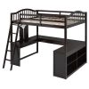 Full Wooden Loft Bed with U-shaped Desk,Storage Compartments and Tri-fold Mirror, Espresso