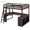 Full Wooden Loft Bed with U-shaped Desk,Storage Compartments and Tri-fold Mirror, Espresso