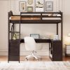 Full Wooden Loft Bed with U-shaped Desk,Storage Compartments and Tri-fold Mirror, Espresso