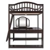 Full Wooden Loft Bed with U-shaped Desk,Storage Compartments and Tri-fold Mirror, Espresso