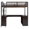 Full Wooden Loft Bed with U-shaped Desk,Storage Compartments and Tri-fold Mirror, Espresso