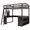 Full Wooden Loft Bed with U-shaped Desk,Storage Compartments and Tri-fold Mirror, Espresso