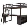 Full Wooden Loft Bed with U-shaped Desk,Storage Compartments and Tri-fold Mirror, Espresso