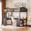 Full Wooden Loft Bed with U-shaped Desk,Storage Compartments and Tri-fold Mirror, Espresso