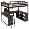 Full Wooden Loft Bed with U-shaped Desk,Storage Compartments and Tri-fold Mirror, Espresso