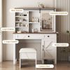 Farmhouse Makeup Vanity Desk with Sliding Mirror and Lights and Hairdryer holder and charging socket Multilayer storage Shelves
