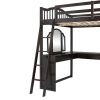 Full Wooden Loft Bed with U-shaped Desk,Storage Compartments and Tri-fold Mirror, Espresso