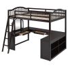 Full Wooden Loft Bed with U-shaped Desk,Storage Compartments and Tri-fold Mirror, Espresso