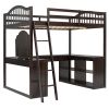 Full Wooden Loft Bed with U-shaped Desk,Storage Compartments and Tri-fold Mirror, Espresso