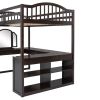 Full Wooden Loft Bed with U-shaped Desk,Storage Compartments and Tri-fold Mirror, Espresso