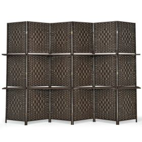 6 Panel Folding Weave Fiber Room Divider with 2 Display Shelves (Color: brown)