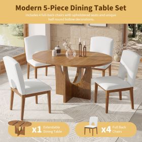 Modern 5-Piece Extendable Round Dining Table Set with 16.2inch Removable Leaf for Small Places (Color: Walnut, Material: Rubber Wood)